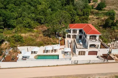 an aerial view of a house with a swimming pool at Zorka in Budva