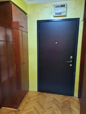 a black door in a room with a wooden floor at Sunrise 2 in Podgorica
