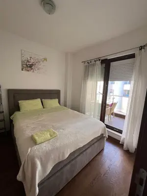 a bedroom with a large bed and a sliding glass door at Natali 1 in Budva