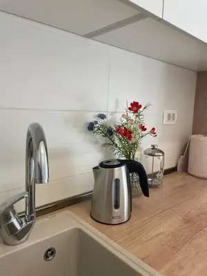 a tea kettle on a kitchen counter with flowers at Boka View Apartments in Kotor