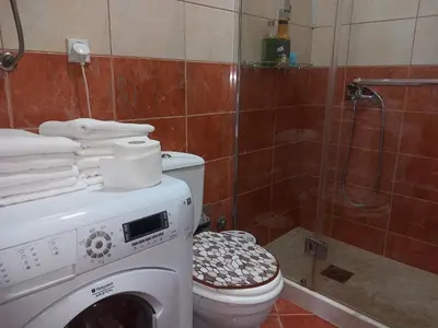 a bathroom with a washing machine and a toilet at APARTMENTS ANI Ester in Ulcinj