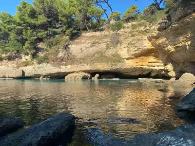 a large body of water with rocks and trees at Wonderful Seaview Apartment in Ulcinj