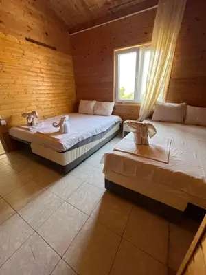 two beds in a wooden room with a window at Apartmani Jana in Sutomore