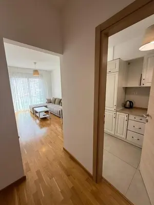 a room with a kitchen and a living room at Mediterano apartment Becici in Budva