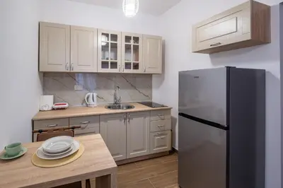 a kitchen with a stainless steel refrigerator and a table at Apartman Ksenija in Cetinje