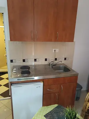 a small kitchen with a sink and a stove at Budva obala in Budva