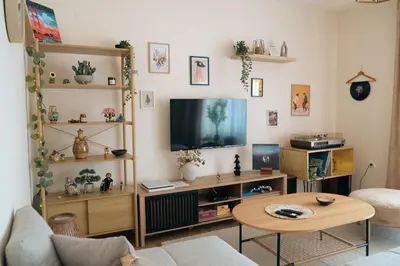 a living room with a tv and a table at Olivers Cozy and Spacious Apt in Podgorica