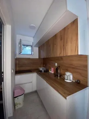a small kitchen with wooden cabinets and a sink at Nana Dea 2 in Utjeha