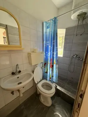 a bathroom with a toilet and a sink and a shower at Herceg Novi Guest house in Podgorica