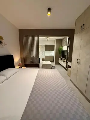 a bedroom with a large bed and a bathroom at Luxury Studio No3 with Pool and free Parking Budvablue in Budva