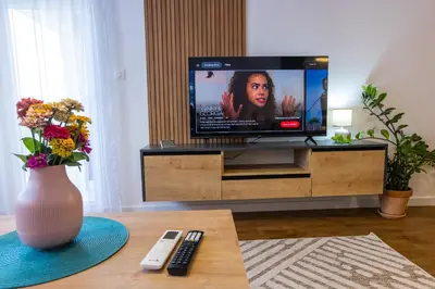 a living room with a television and a vase with flowers at Floret Suite in Podgorica