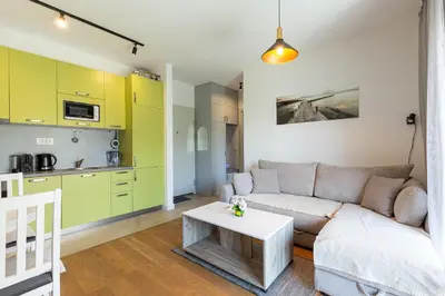 a living room with a couch and a table at Aura Zafiro in Budva