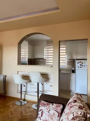 a living room with a couch and a kitchen at Apartman Buki in Bjeliši