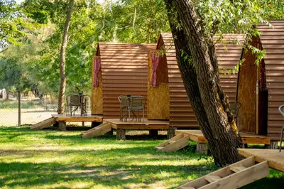 a log cabin with two chairs and a tree at Camp River Skadar Lake in Gostilj