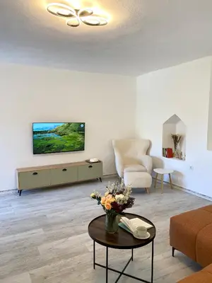 a living room with a couch and a tv on a wall at Stone house Kana-Skadar Lake in Dodoši