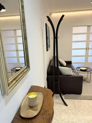 a living room with a black couch and a mirror at Aurora Apartment in Petrovac na Moru