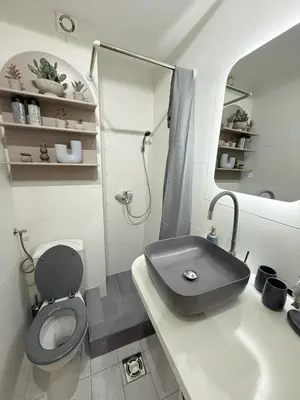 a bathroom with a sink and a toilet and a shower at Aurora Apartment in Petrovac na Moru