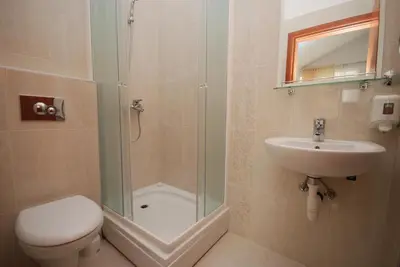 a bathroom with a shower and a toilet and a sink at Pansion Anita in Budva