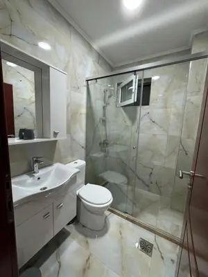 a bathroom with a shower and a toilet and a sink at gadina inn in Ulcinj