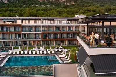 an aerial view of a hotel with a swimming pool at Nomio in Tivat