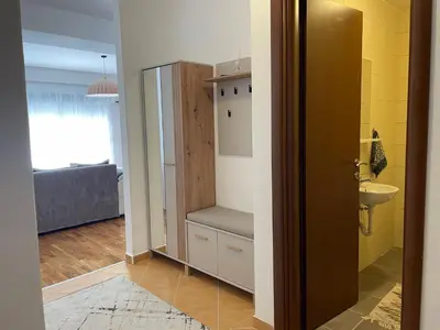 a bathroom with a sink and a toilet in a room at Viktorija Apartment Petrovac in Petrovac na Moru