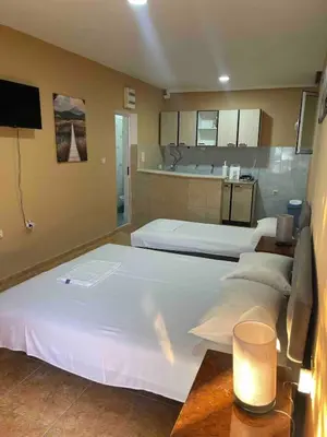 a large bedroom with two beds and a television at Fontana Apartments 1A in Ulcinj