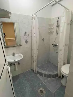 a bathroom with a shower and a toilet and a sink at Fontana Apartments 1A in Ulcinj