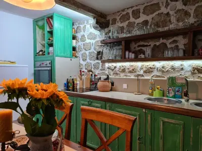 a kitchen with green cabinets and a white refrigerator at Charming 3 Bedroom House in Skaljari Montenegro with Garden View in Škaljari