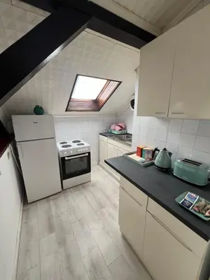 a kitchen with white appliances and a skylight at Downtown Nest Podgorica in Podgorica