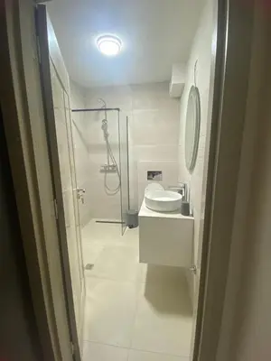 a bathroom with a shower and a sink and a toilet at Apartman Sabi in Bar
