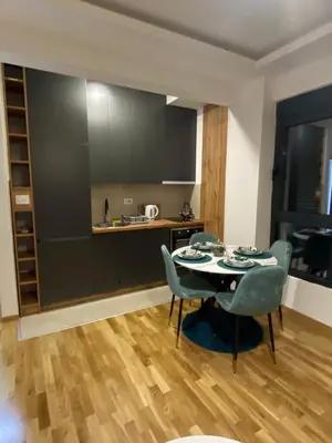 a kitchen with a table and chairs in a room at Apartman Sabi in Bar