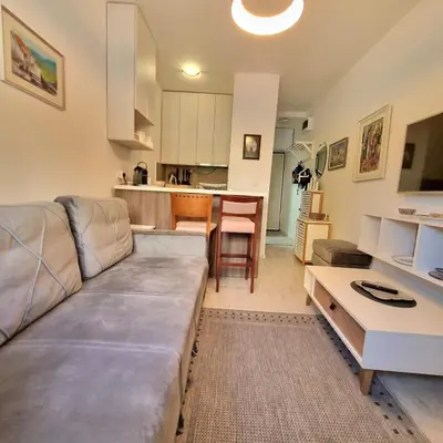 a living room with a couch and a kitchen at Manjastan in Podgorica
