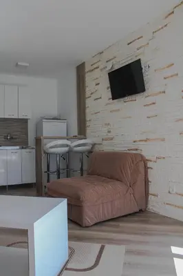 a living room with a couch and a brick wall at Budva Apartmani in Budva