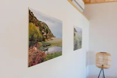 a painting hanging on a wall in a room at Pelican Bay House - Skadar Lake in Krnjice