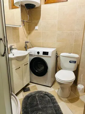 a bathroom with a washer and a toilet and a sink at Apartman u Bečićima in Budva