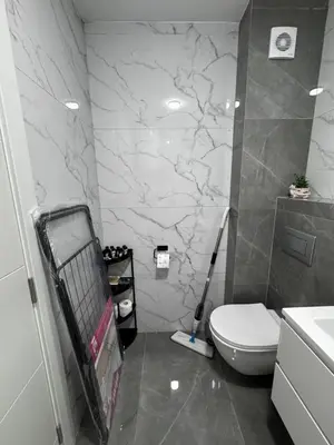 a bathroom with a toilet and a mop at Galeb Family Apartments in Budva