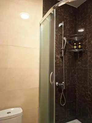a bathroom with a glass shower with a toilet at The Lilac Lounge in Podgorica