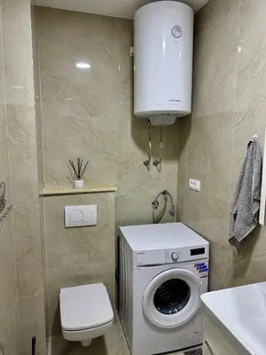 a bathroom with a washing machine and a toilet at Apartment LULU in Bar