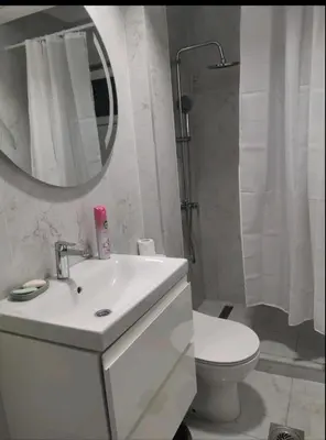 a bathroom with a sink and a toilet and a mirror at Apartman Budva in Budva