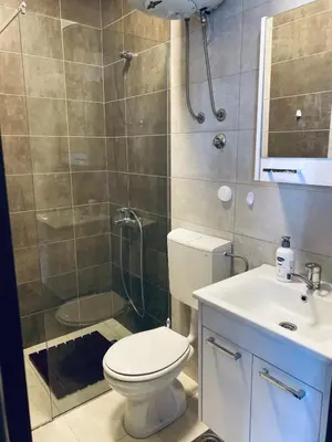 a bathroom with a toilet and a shower and a sink at Junto al mar in Ulcinj