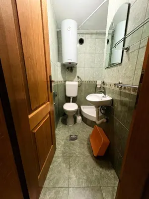 a bathroom with a toilet and a sink and a mirror at Apartmani Miladinović in Sutomore