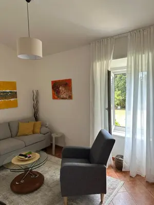 a living room with a couch and a chair and a window at Stari Bar Apartments in Stari Bar