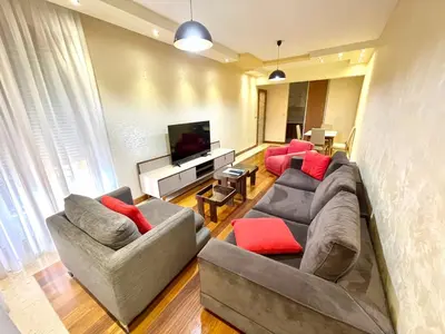 a living room with two couches and a television at Podgorica Apartment Center in Podgorica