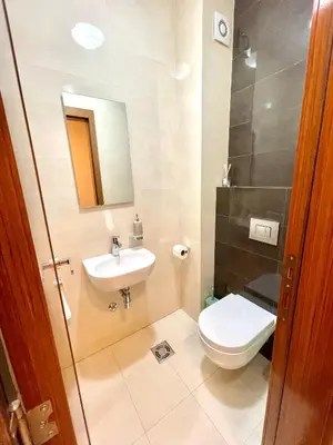 a bathroom with a toilet and a sink and a mirror at Podgorica Apartment Center in Podgorica