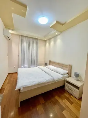 a bedroom with a large bed and a window at Podgorica Apartment Center in Podgorica