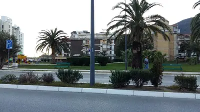 a street with palm trees and benches in a city at Budva Apartment in Budva
