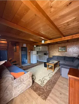 a living room with blue couches and a table at Vikendica za odmor in Dobra Voda