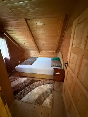 a bed in a wooden room with a door at Vikendica za odmor in Dobra Voda
