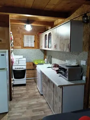 a kitchen with white appliances and wooden cabinets at Vikendica za odmor in Dobra Voda