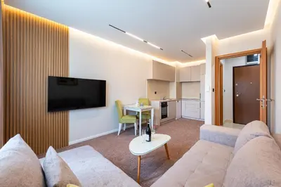 a living room with a couch and a tv at LOLA Apartments in Podgorica